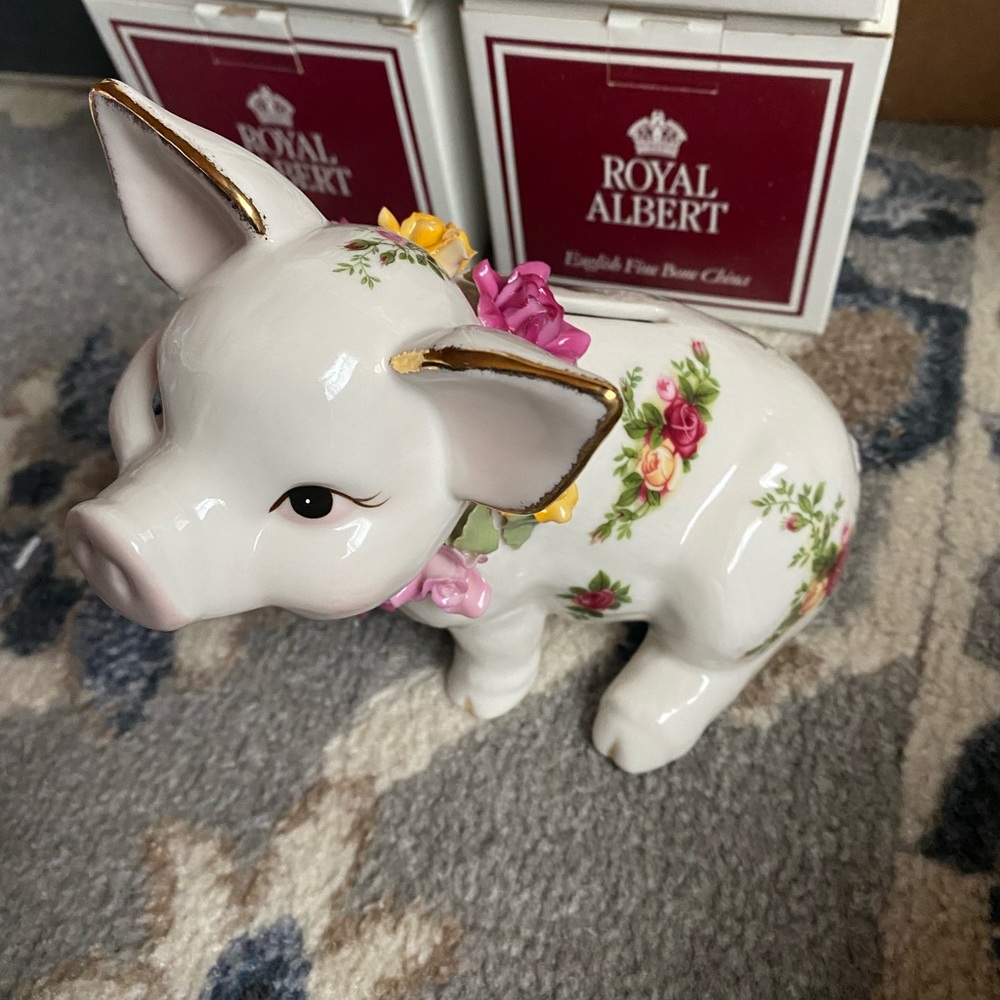 Royal Albert White Piggy Bank Figurine with Gold and Floral Accents